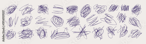 Messy Pen Scratch Set. Hand-drawn Blue Pen Ball Scribbles and Doodles. Chaos Elements in Kids Style. Sketchy Messy Line and Strokes for Texture, Background, Design.