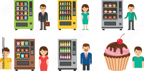 Vending machine vector set with various people characters snacks drinks and cupcake for office breakroom cafeteria automated retail food service and snack concept.