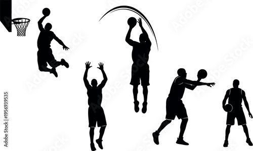 Black silhouettes of five men playing basketball and one man playing tennis in a white background
