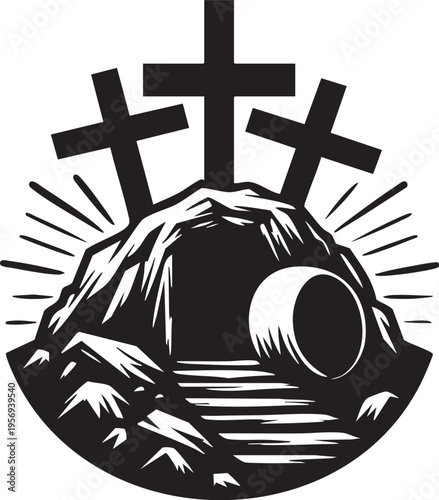   
Resurrection Easter Scene Vector – Black and White Three Crosses, Empty Tomb, and Radiant Light