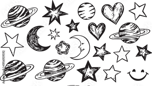 Set of childish crayon space objects and aliens isolated on white background. Vector cartoon illustration of funny chalk Earth, doodle stars, alien creatures and spacecraft