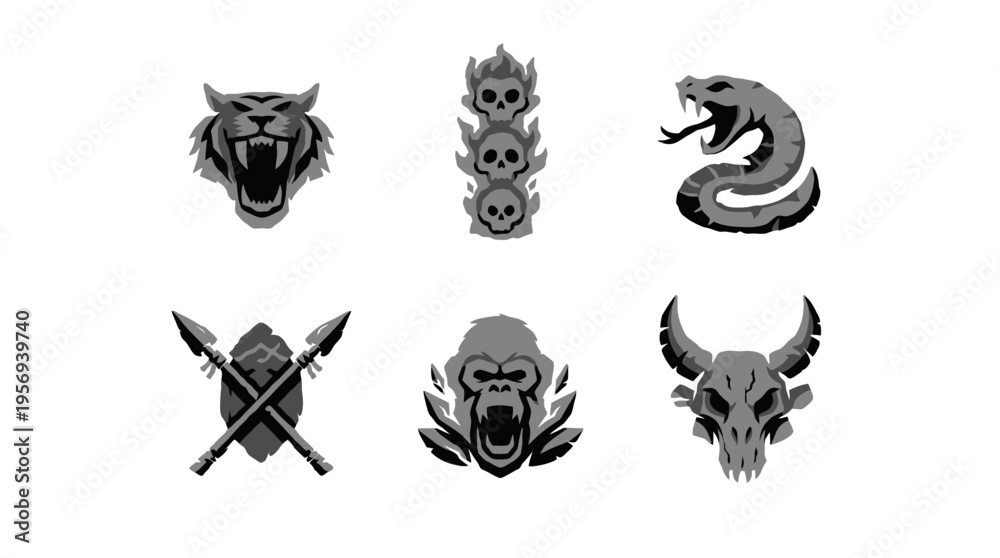 Fototapeta premium Dynamic showcase of lion, skull, snake, spears, and bull symbols in stark black-white graphic icons viewed head-on on a plain background