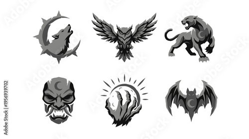 Showcase of Bold Grayscale Icons Featuring Shark, Lion, Mask, Flame, and Bat Arranged on White Canvas from a Direct Front View