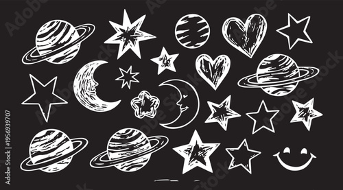 Set of childish crayon space objects and aliens isolated on white background. Vector cartoon illustration of funny chalk Earth, doodle stars, alien creatures and spacecraft