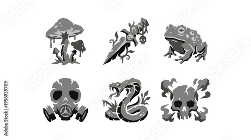 Grayscale hazard icons showing mushroom, lizard, frog, snake and skull with gas masks, an ominous environmental warning from a frontal view