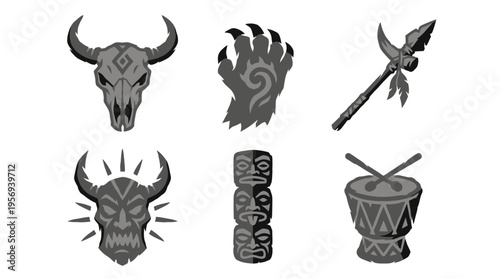Displaying six grayscale icons – bull head, hand, spear, demon face, cylinder, drum – on a canvas from a frontal viewpoint