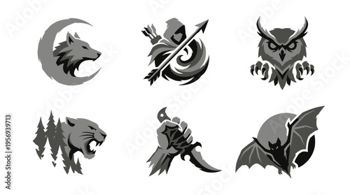 Viewing six grayscale illustration icons of a wolf head, bow, owl, bear, warrior and bat arranged in two rows on a plain white backdrop