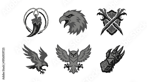 helmet within circle, profile eagle, shield with crossed swords and horns, two flying eagles, and an open‑mouth lion on a white background