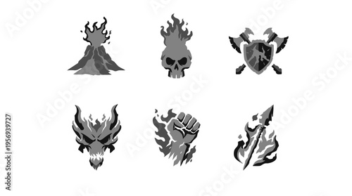 Close-up view of six grayscale icons depicting flame, skull, shield, bird, and hand motifs arranged on a white backdrop