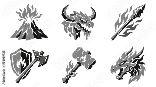 Showcasing Six 3D Grayscale Fantasy Battle Icons – Volcano, Bull, Spear, Shield-Axe, Warhammer, and Lion Heads – Arranged in Two Rows on White