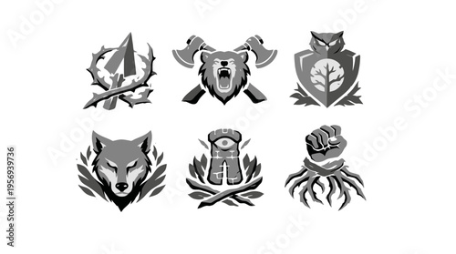 Examining six bold black‑and‑white logos on a plain backdrop, showcasing a dagger, shield, wolf, tree, and fist emblem in a dramatic composition