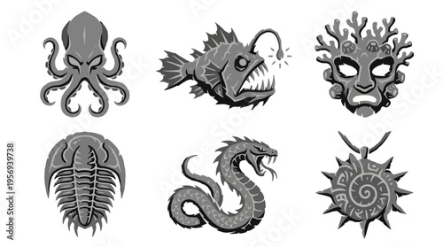Viewing a detailed grayscale illustration series featuring an octopus, fish, mask, trilobite and serpent arranged in two rows on a plain backdrop