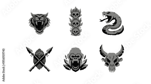 Dynamic showcase of lion, skull, snake, spears, and bull symbols in stark black-white graphic icons viewed head-on on a plain background