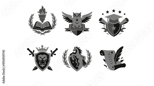 Displaying Seven Emblem Designs Featuring Crown, Shield, Lion, and Book Symbols on a Plain White Background