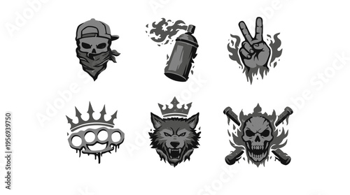 Close-up view of six grayscale tattoo-style graphic illustrations displayed on a plain white backdrop, featuring skulls, wolf, spray can and knuckles