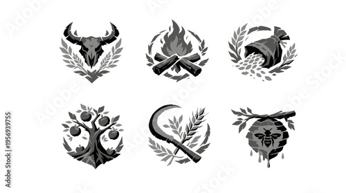Close-up view of rustic black‑and‑white emblems showing bull, campfire, boar, skull, and bear heads on white backdrop for outdoor hunting theme