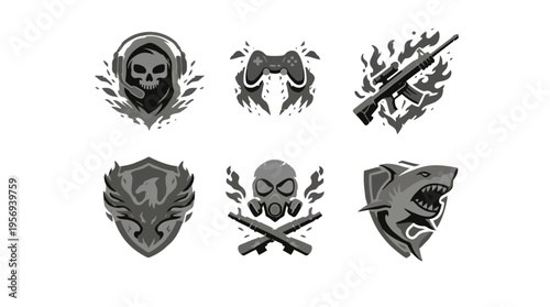 Showcasing six bold grayscale logos featuring skull, arm, shield, shark and flame motifs arranged in two rows on a plain backdrop, viewed frontally