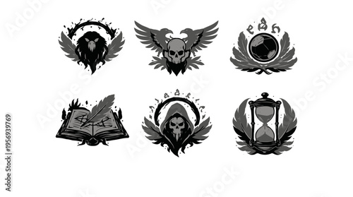 Close-up view of six emblems on a backdrop, showing a winged helmet, soaring bird, laurel wreath, open book, hooded figure, and hourglass