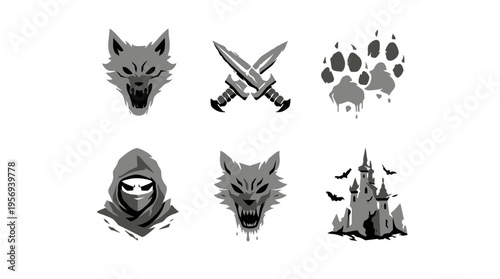 Black‑and‑white illustration set featuring a snarling wolf head, crossed swords, masked figure, looming castle with moon, captured in detailed view