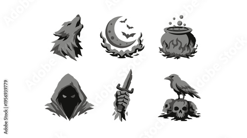 A dark gothic showcase of wolf, moon, cauldron, dagger and crow icons arranged on a white canvas, viewed from a front perspective