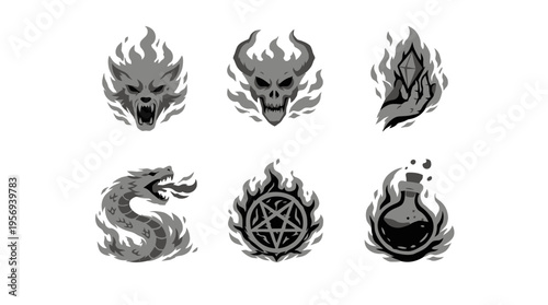 Viewing six mystical grayscale icons of flame, skull, dragon, pentagram, and beaker arranged on white background in digital illustration