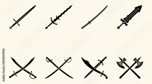 Sword Weapon Vector Icons Black Silhouette Blades Sabers Axes Fantasy Arms Historical Arms Crossed Swords Combat Battle Design Illustration Collection Graphic Symbol Set Vector