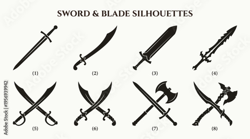 Sword Weapon Vector Icons Black Silhouette Blades Sabers Axes Fantasy Arms Historical Arms Crossed Swords Combat Battle Design Illustration Collection Graphic Symbol Set Vector