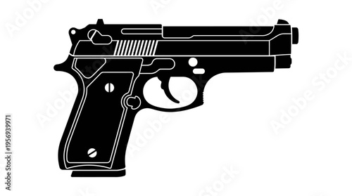 Semi Automatic Handgun Vector Illustration Black White Bold Line Art Firearm Weapon Design Safety Law Enforcement Military Police Pistol Gun Icon Stylized Vector