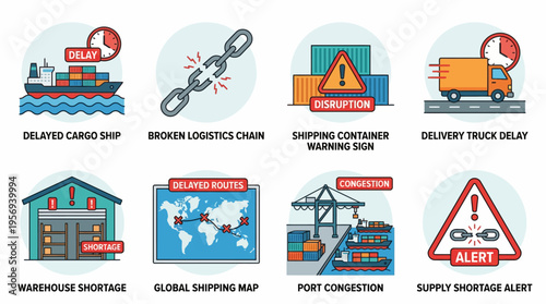 Global Supply Chain Vector Icons Delayed Cargo Ship Broken Logistics Chain Shipping Container Alert Delivery Truck Delay Warehouse Shortage Port Congestion Route Disruption Supply Shortage Warning Vec