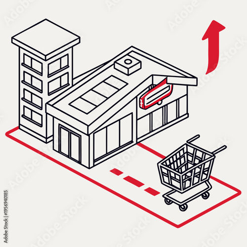Isometric retail store building with shopping cart and arrow