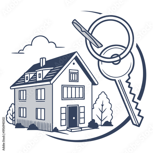 House and keyring icon with trees and clouds graphic