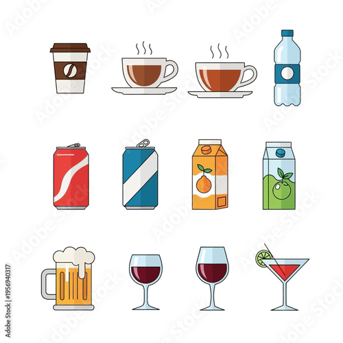Assorted Beverage Icons: Coffee, Soda, Juice, Beer, Wine, Cocktail, Water Bottle
