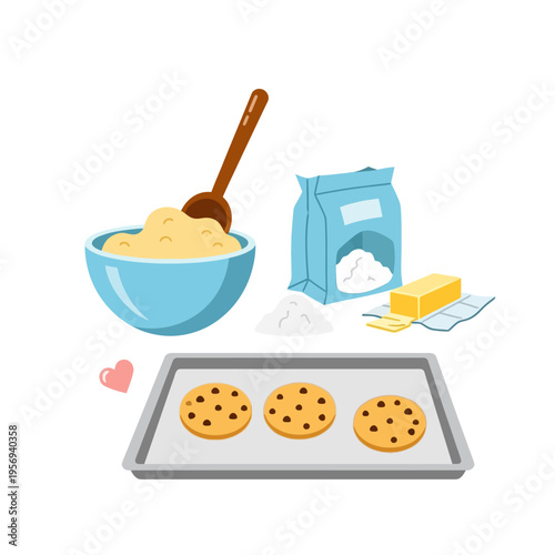 Baking Cookies: Ingredients and Freshly Baked Chocolate Chip Cookies on Baking Sheet