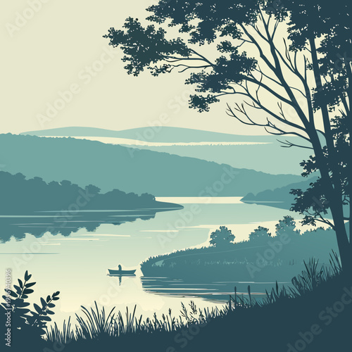 Peaceful lakeside scene with distant hills and trees