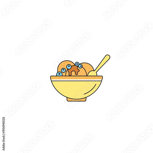 Delicious Ice Cream Sundae with Blueberry Topping and Syrup in Yellow Bowl, Spoon Included