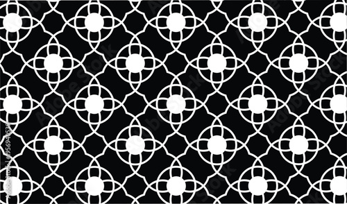 Black and white floral geometric pattern featuring interlocking circles and curved lines creating elegant ornamental lattice design for classic backdrop or print media