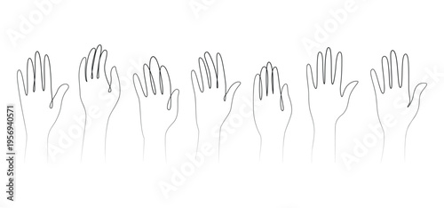 One line human arms. hands in a single line style. raised hands. hands up in the air. teamwork, collaboration, voting. vector illustration