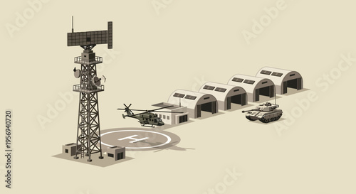 Military base with radar, helicopter, hangars, and tank