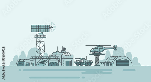Military base with radar, helicopter, tank, and hangar in flat design style
