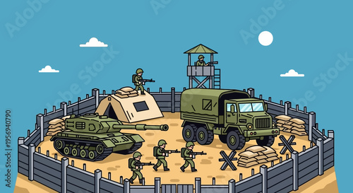 Military base with tank, truck, soldiers, and watchtower in desert landscape