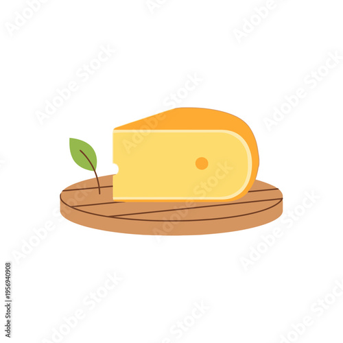 Flat design wedge of yellow cheese with leaf on wooden board, isolated on white background
