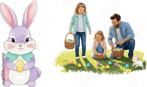 Easter bunny and family egg hunt scene with parents and child collecting eggs spring holiday vector illustration