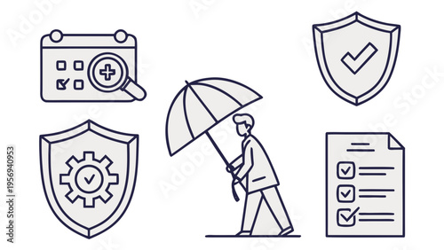 Line icon pack for risk management and compliance including shield protection, audit checklist and control systems. Ideal for fintech apps, enterprise dashboards and business presentations.