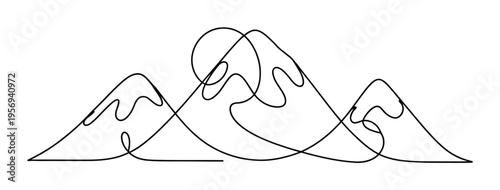 Minimalist Continuous Line of Mountains and Sun