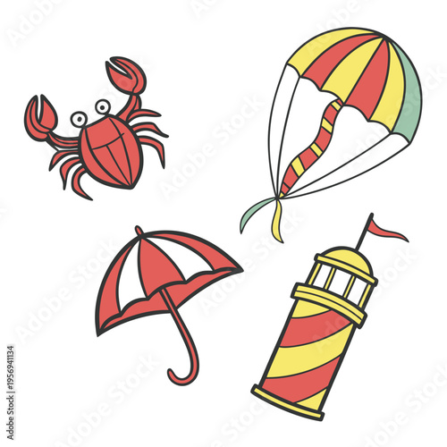 Beach including crab, parachute, umbrella, and lighthouse