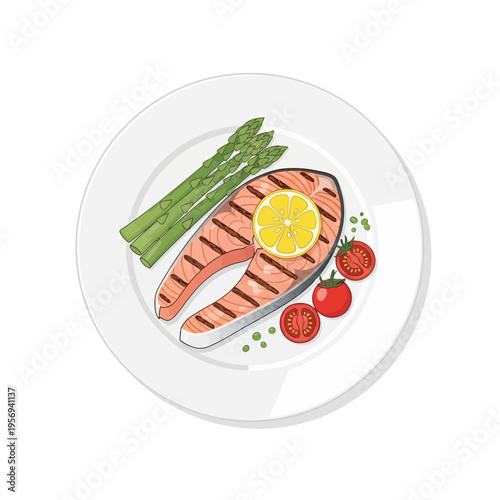 Grilled Salmon Steak with Asparagus, Cherry Tomatoes, and Lemon Slice on White Plate