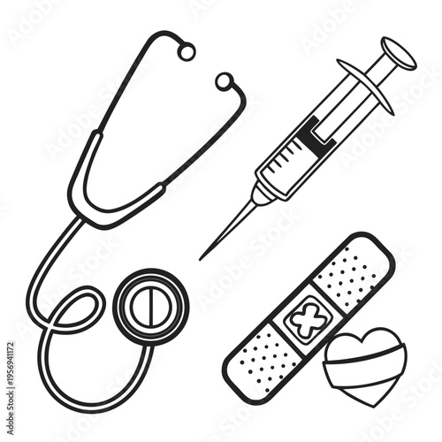 Medical including stethoscope, syringe, band aid, and pill