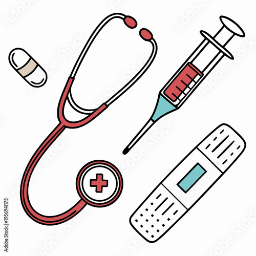 Colorful medical including stethoscope, syringe, and test healthcare