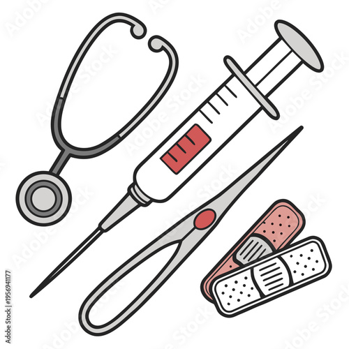 Medical tools and supplies including stethoscope syringe scissors band aids