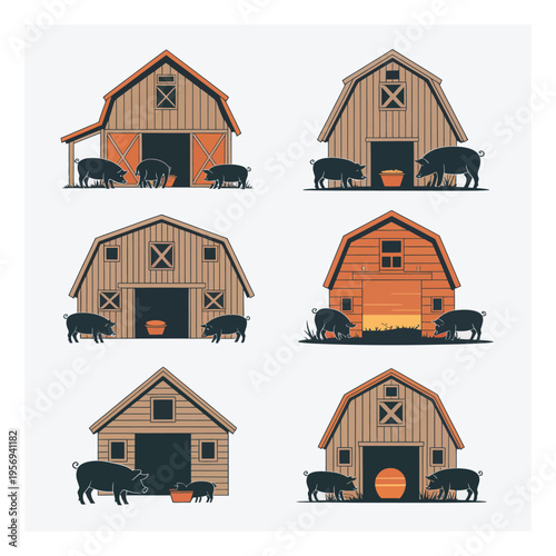Six Barns with Pigs Illustrated in a Simple, Flat